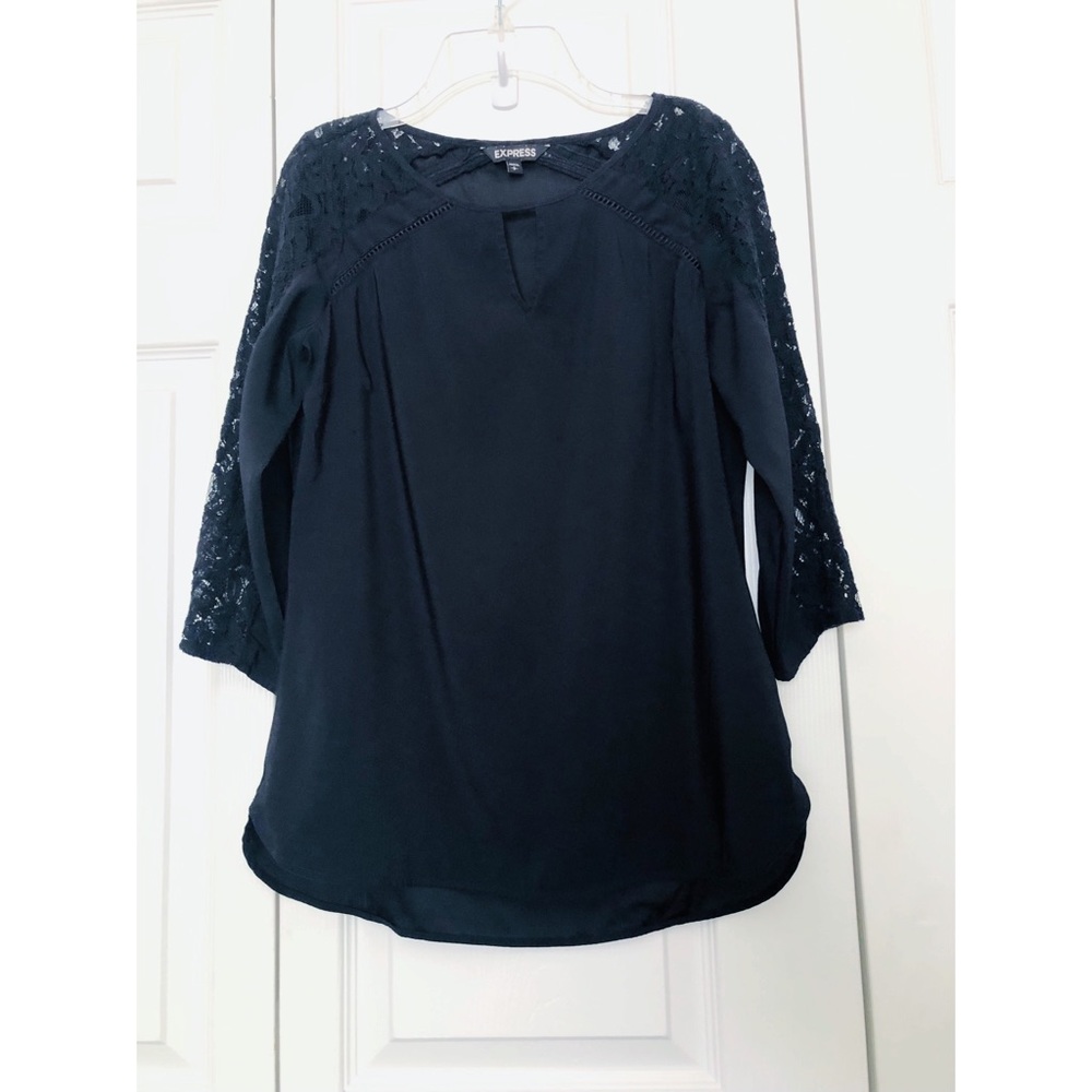 Express Black Top with 3/4 Lace Sleeves and Peekaboo Neckline